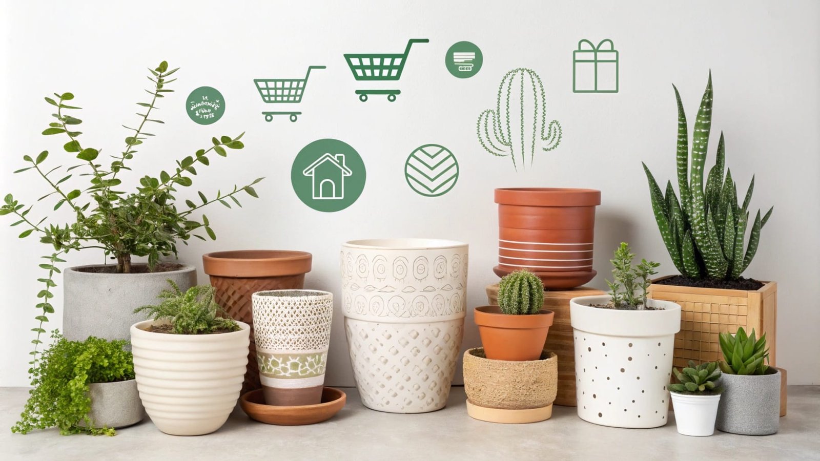 a clean modern graphic featuring a collection of flower pots