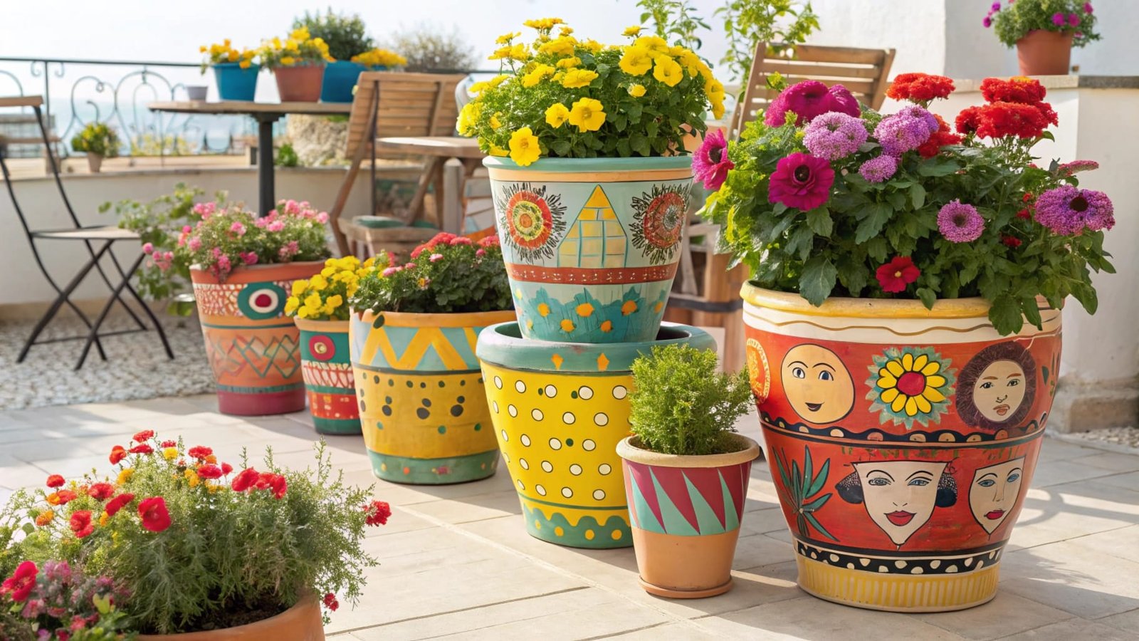 A collection of colorful patio pots in various shapes