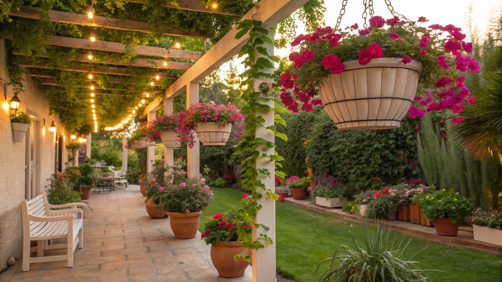 A creative and whimsical garden featuring hanging plants