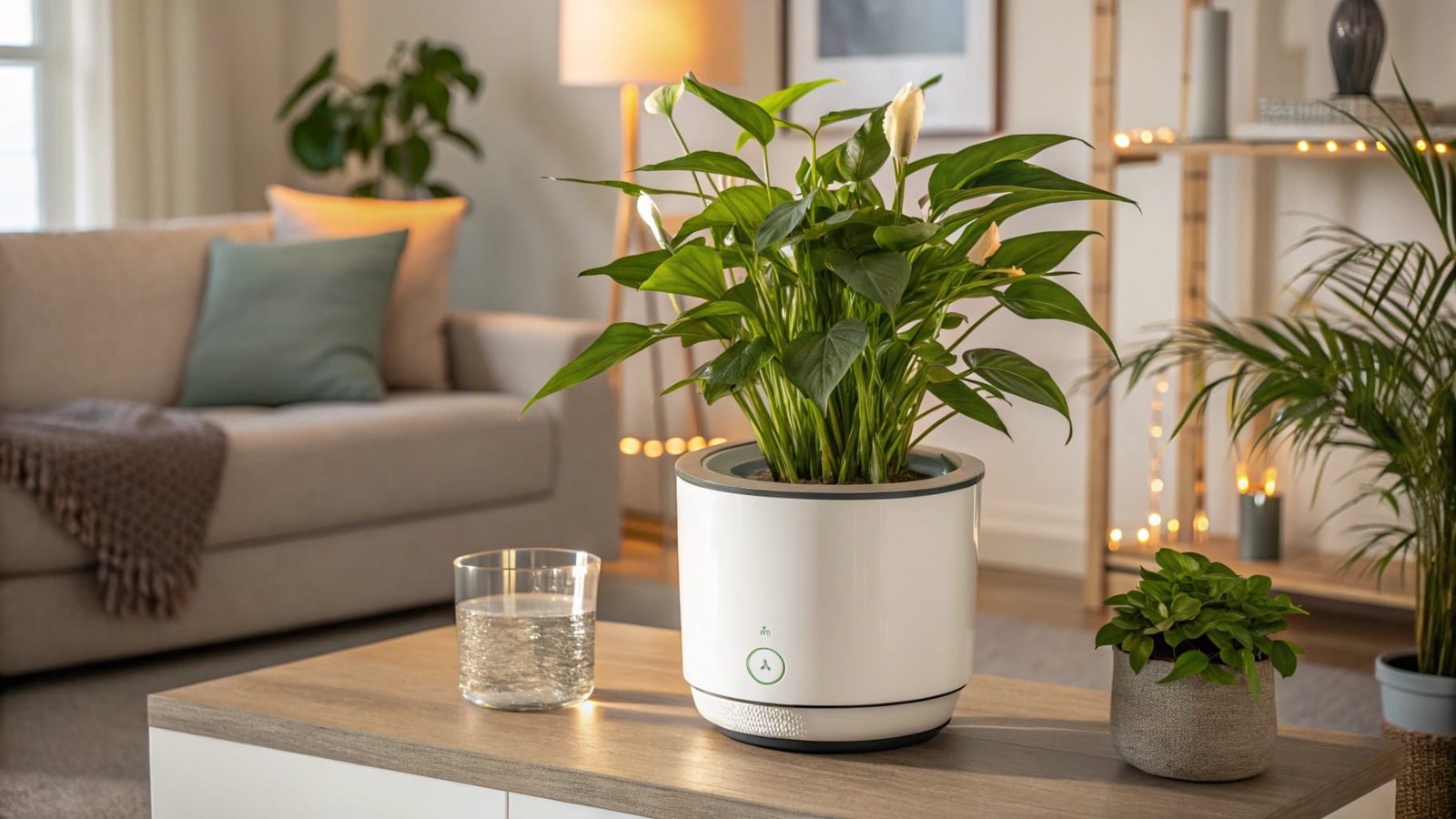 Sleek self-watering plant pot with visible mechanism
