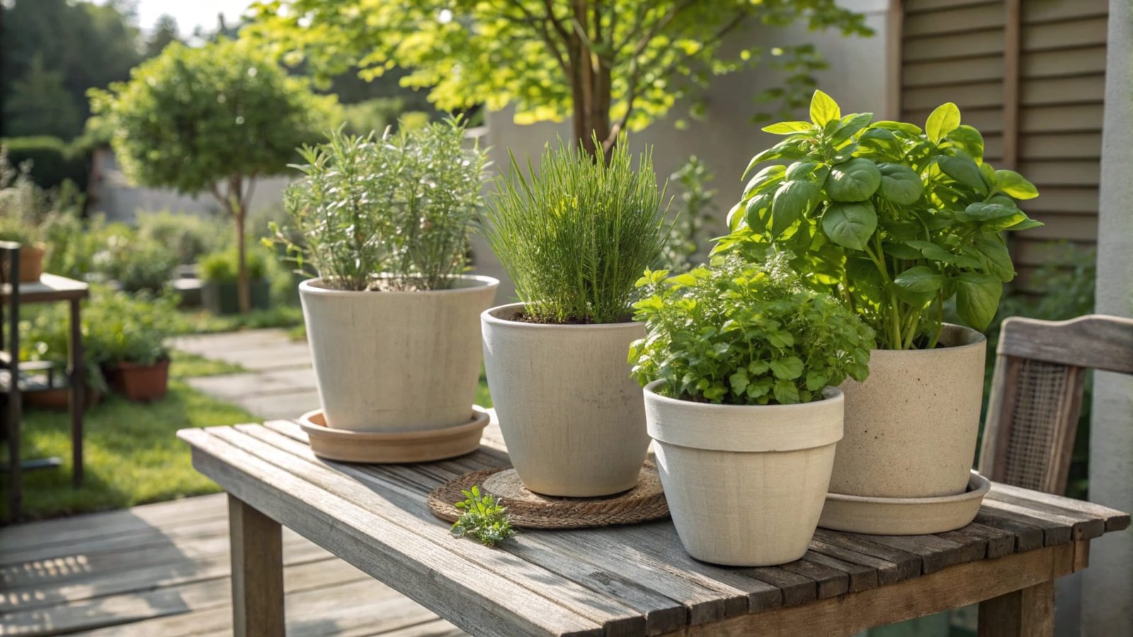A neatly arranged herb garden in patio pots featuring fresh plants