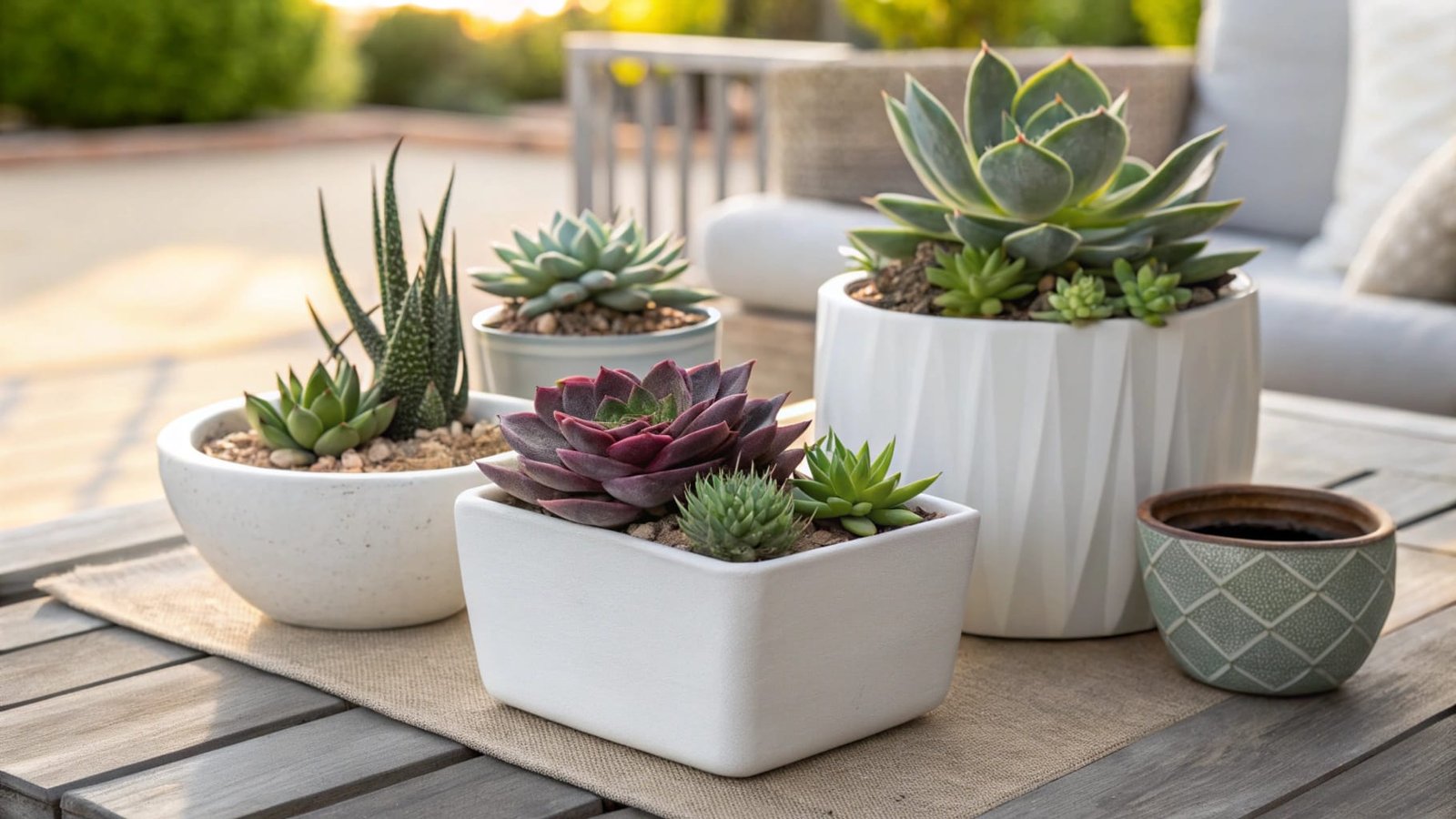 A stylish and minimalistic arrangement of succulents in pots