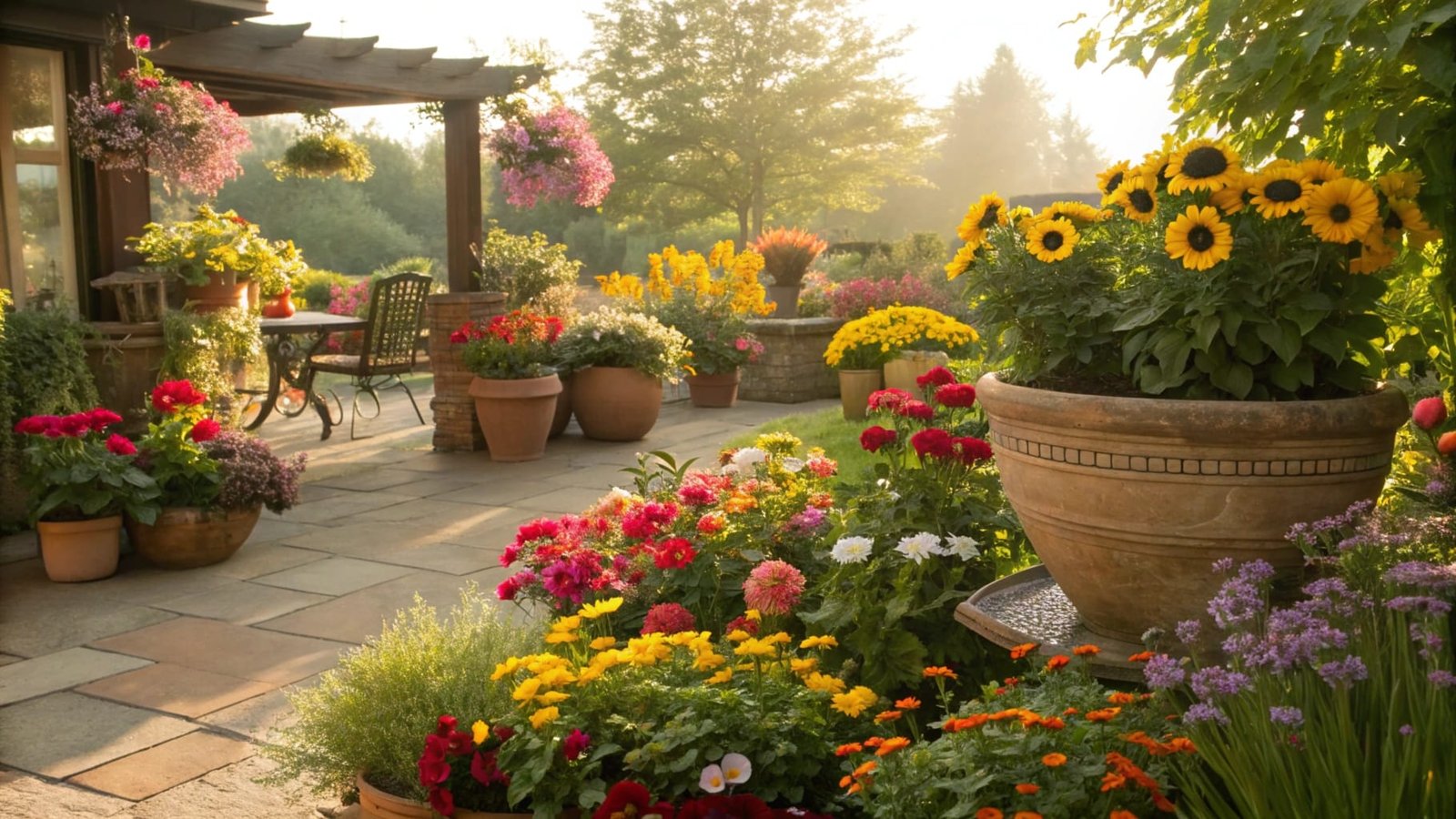 A vibrant and colorful flower garden in a variety of pots
