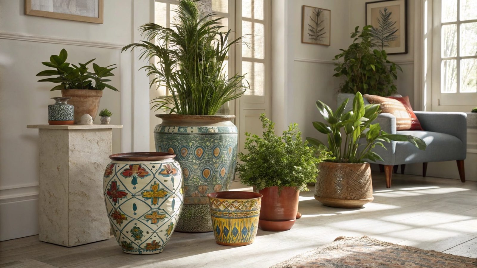 Elegant indoor setting with decorative plant pots