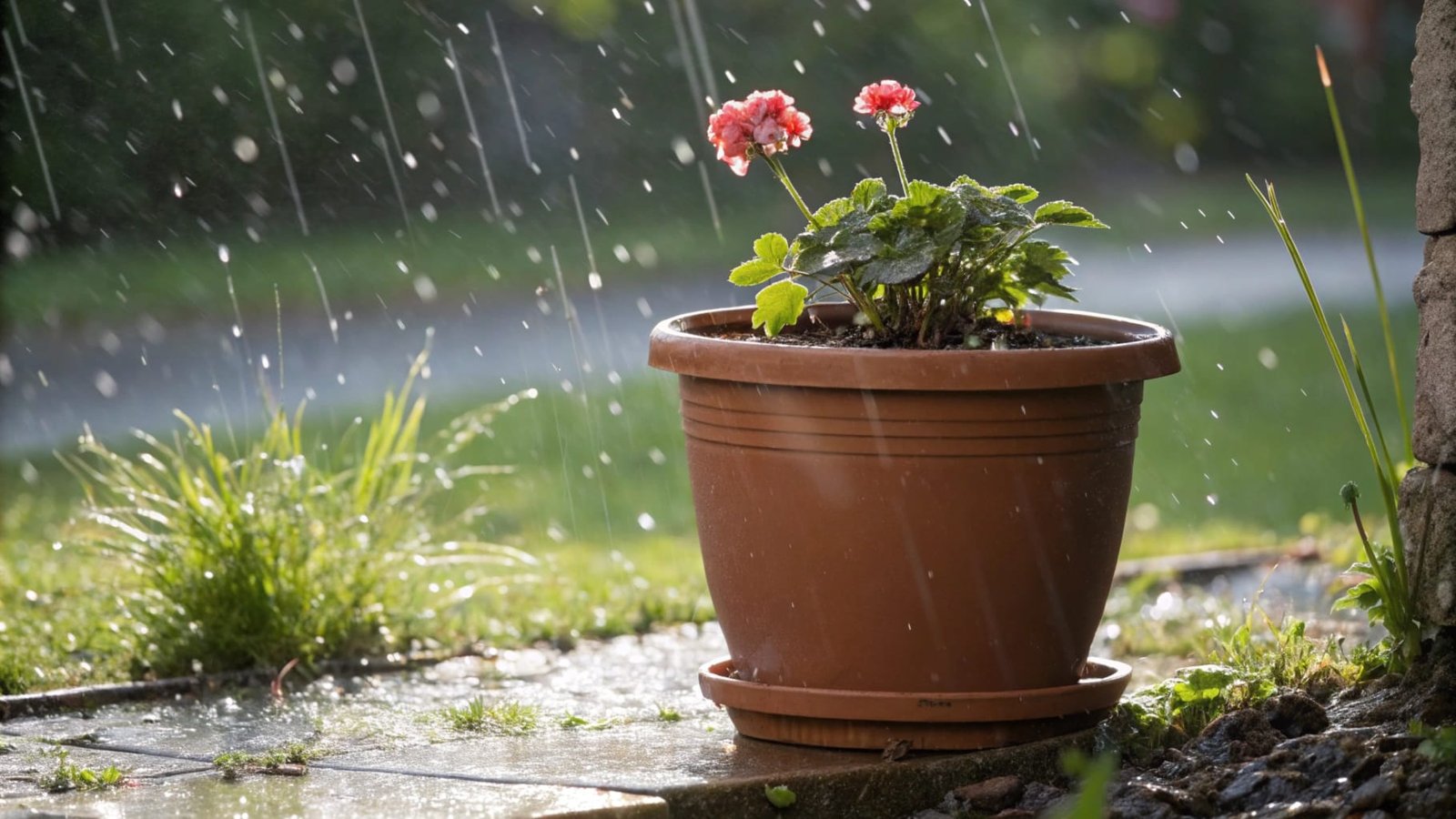 Close-up of durable plastic flower pot with vibrant plants