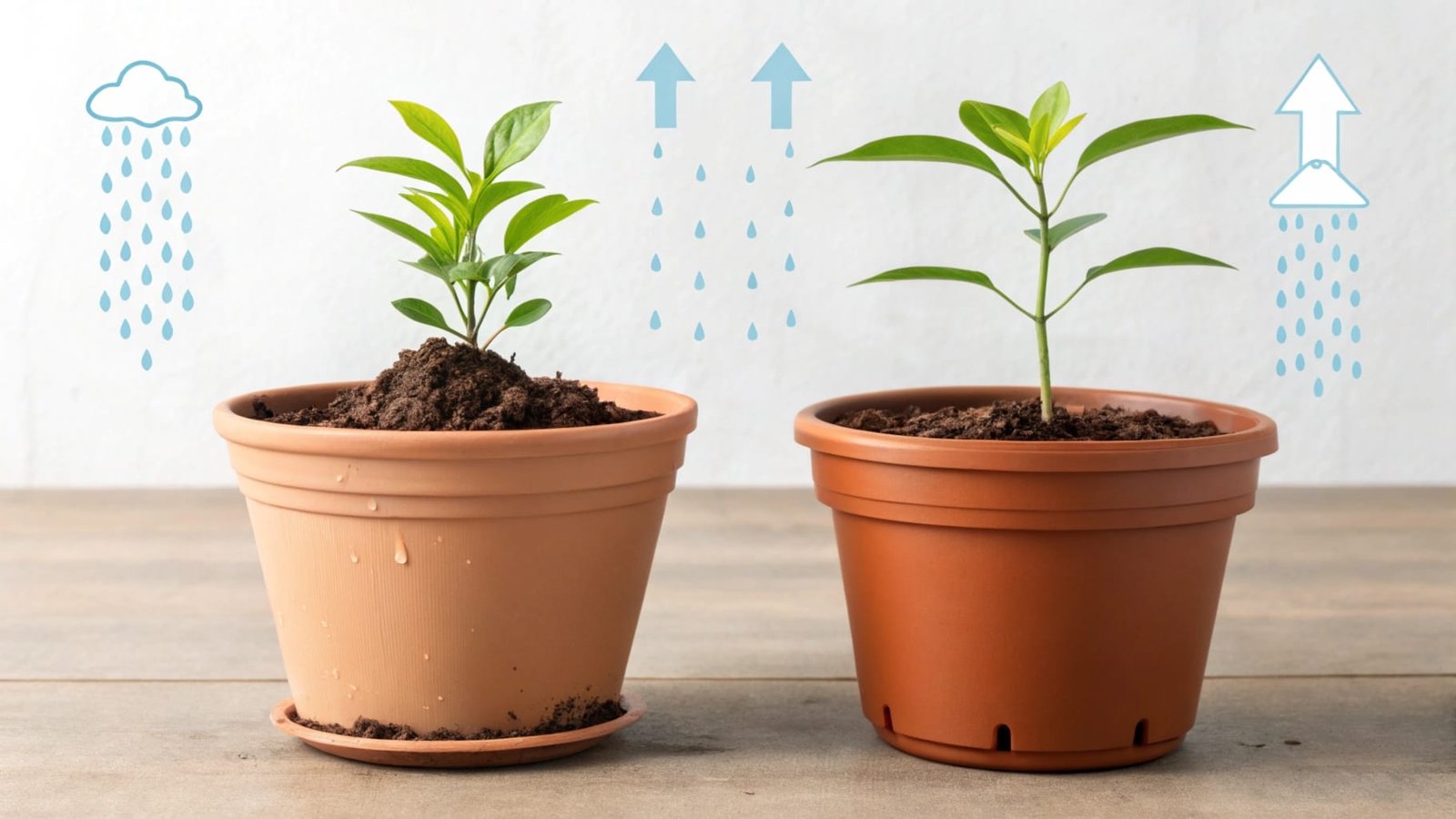 Plastic flower pot with visible moisture retention feature