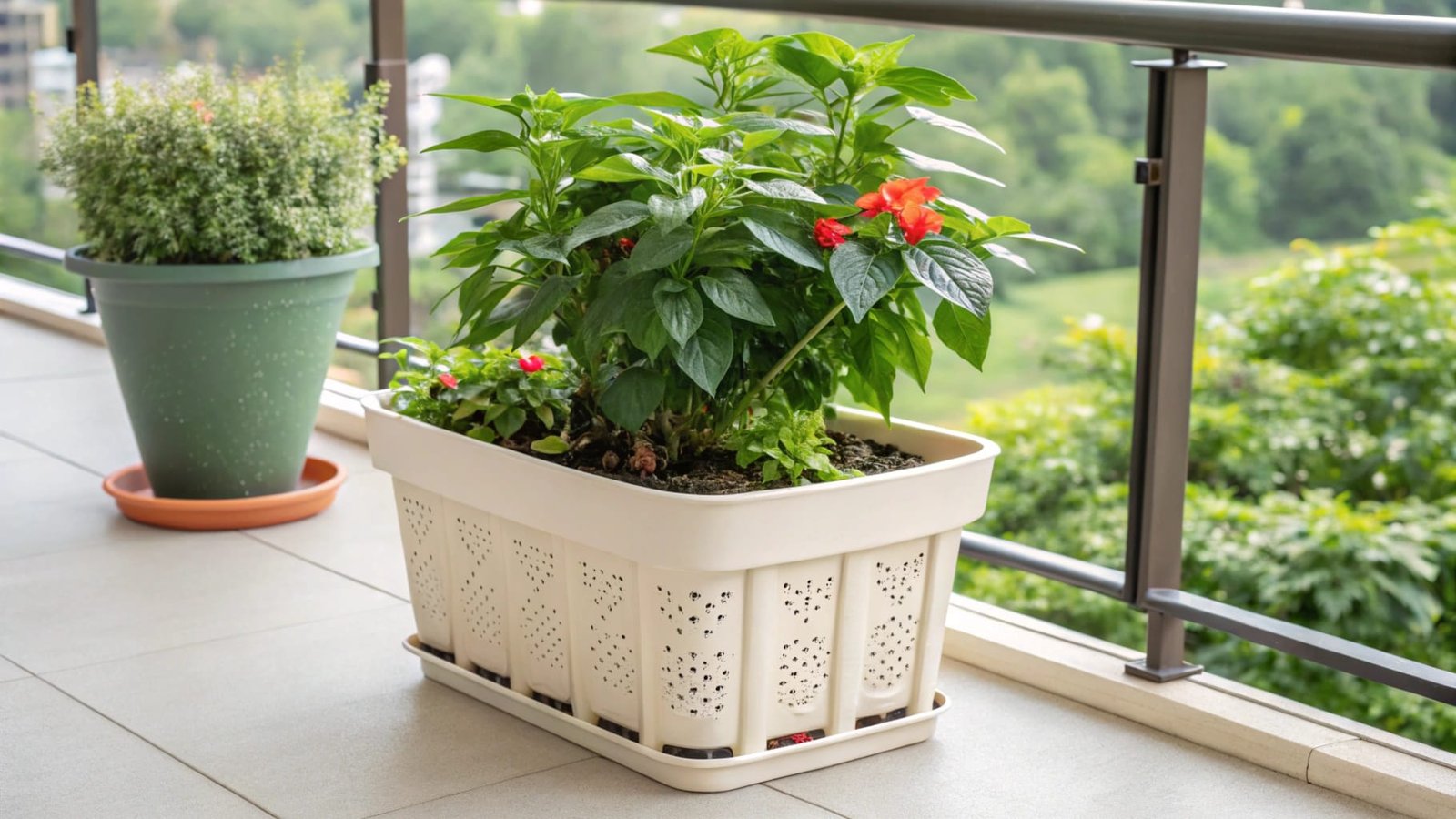 Plastic flower pots with vibrant flowers, ideal for outdoor use