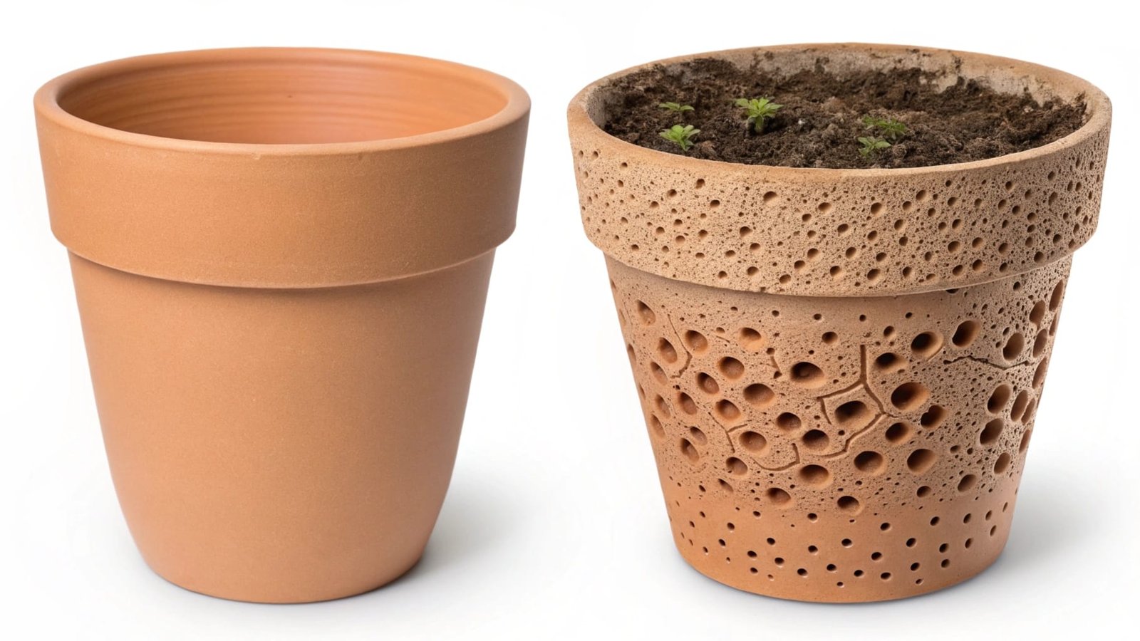 Plastic flower pots next to clay pots for comparison