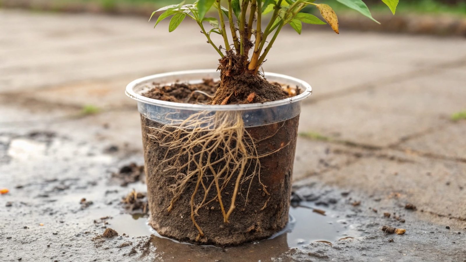 Plastic flower pot with plants showing sunlight effect