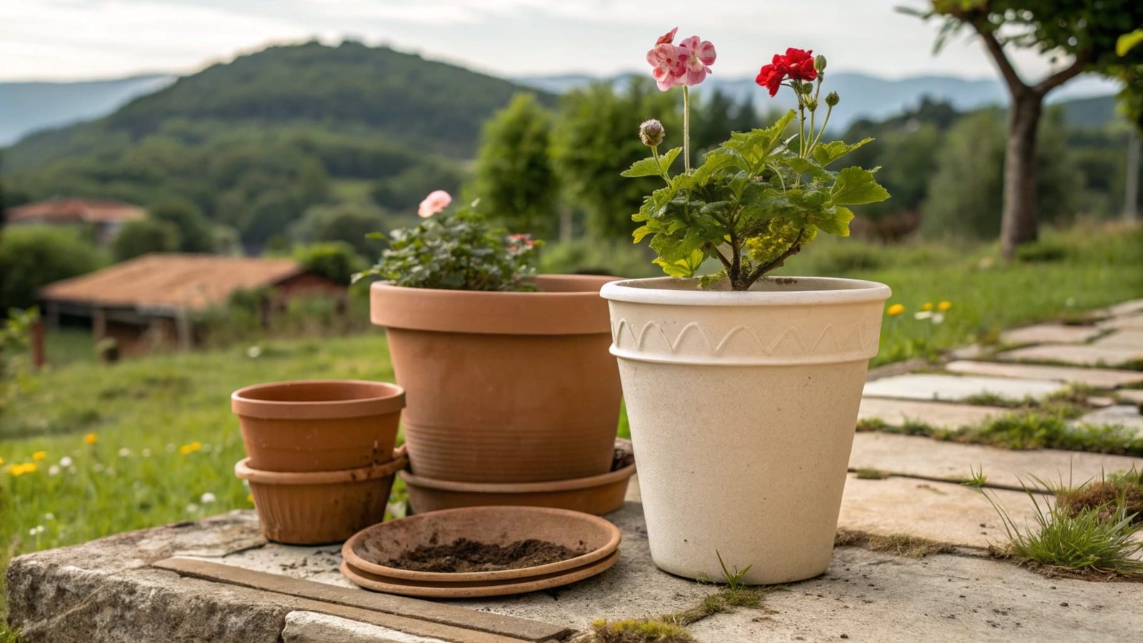 Stylish flowerpots placed on a table with greenery
