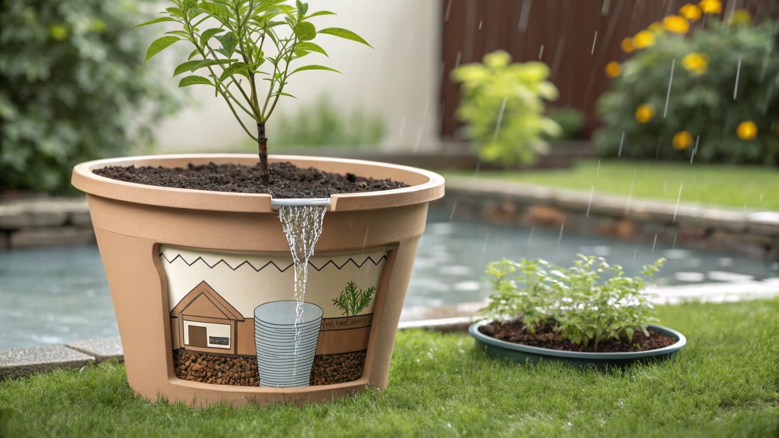 Set of flowerpots with modern design and plants